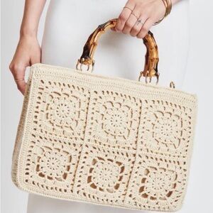 Moda Luxe Cream Crochet Bag with Bamboo Handles